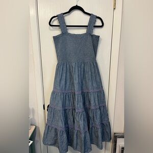 Lands End Tiered Cotton Poplin Maxi Dress Smocked Stretchy Boho Chambray L 14-16